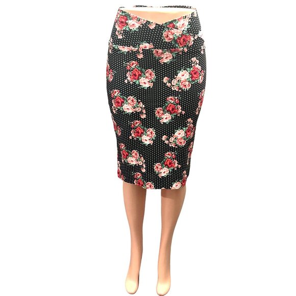 ABN Floral Pencil Skirt M Black White Dot High Waist Stretchy Retro Made USA - Picture 3 of 11